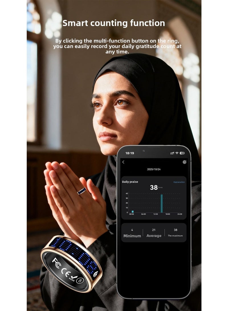 حلقة عد الصلاة الذكية | عداد الصلاة، عداد الصليبية | تكنولوجيا قابلة للارتداء، مقاومة للماء | حلقة مراقبة الصحة | متوفرة باللون الأسود، الذهبي، والفضي، تدعم معرف مكالمات، عداد، مؤقت، بشاشة عرض، قياس معدل ضربات القلب، قياس أكسجين الدم، مراقبة صحة النوم، التصوير عن بُعد، التمرير بحركات على تيك توك، تصفح الكتب الإلكترونية، أوضاع رياضية متعددة، إدارة الدورة الشهرية، حلقة ذكية للرعاية عن بُعد؛ تصنيف مقاومة للماء IP68. المقاسات 8، 9، 10، 11، 12. - Image 1